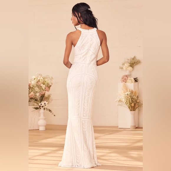 Tell Me Everything White Beaded Sequin Halter Maxi Wedding Dress - Picture 4 of 4